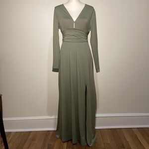 Anrabess Elegant V-Neck Long Sleeve Maxi Dress in Sage